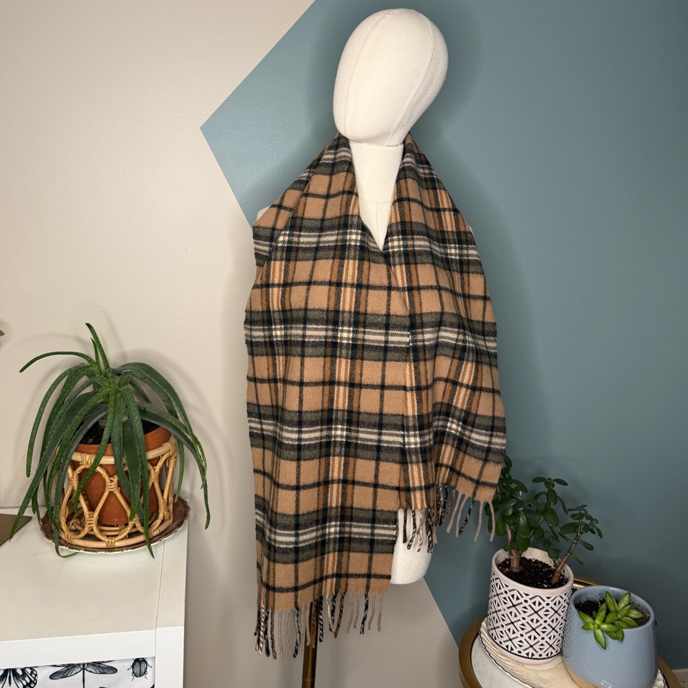 Vintage Camel Plaid Wool Scarf Classic Tartan Fringe Neutral Winter - Picture 2 of 8